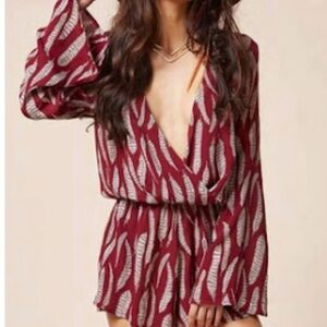 Blue Life Burgundy and White Feather Pattern Romper
